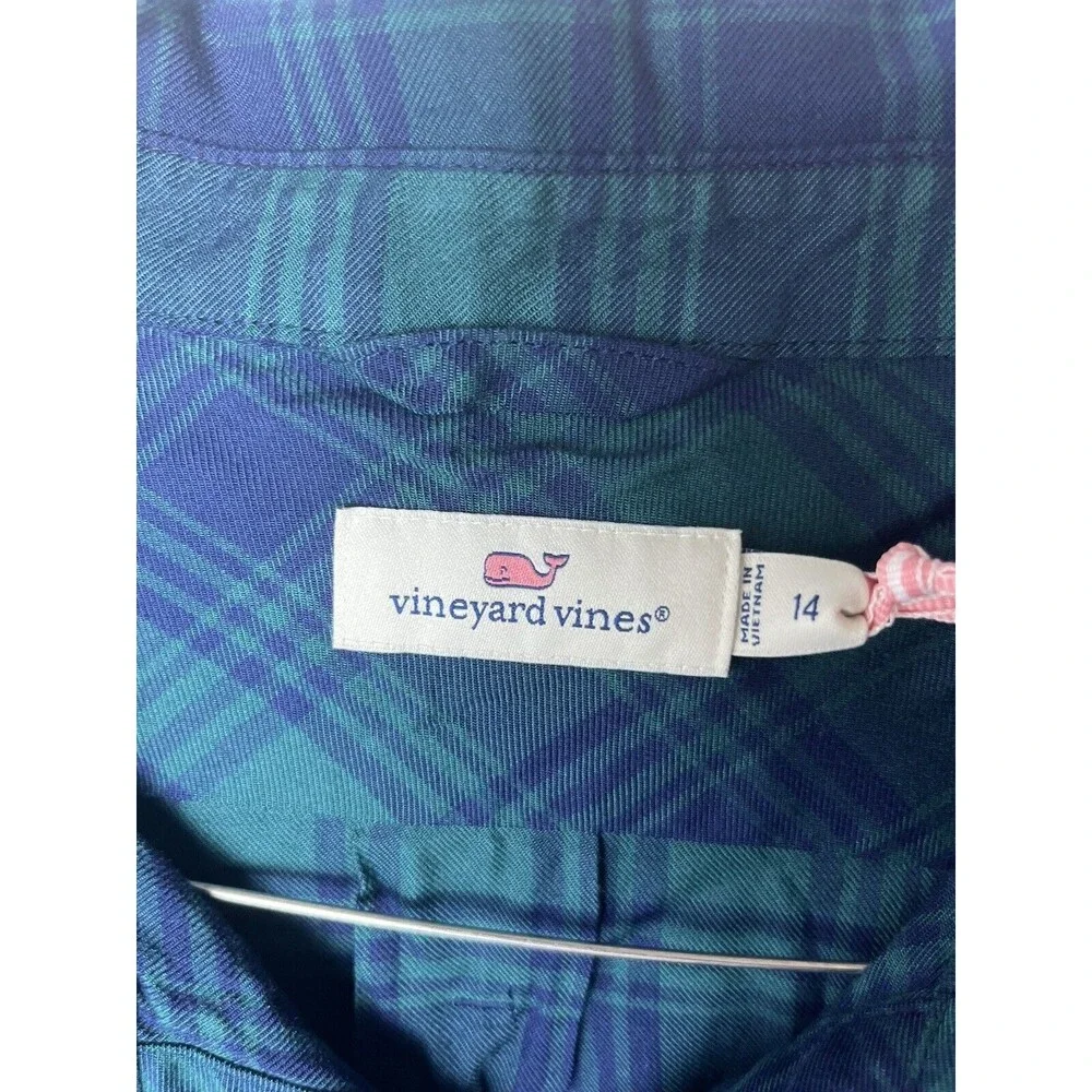 Vineyard Vines Womens Woven Shirt Navy And Green Plaid Sz 14 Long Sleeve
